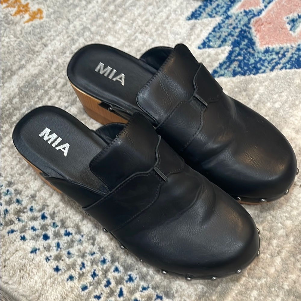 MIA Black Leather Clogs with Wooden Heels